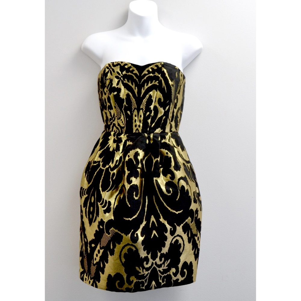 black and gold metallic brocade strapless cocktail brocade party dress Christmas